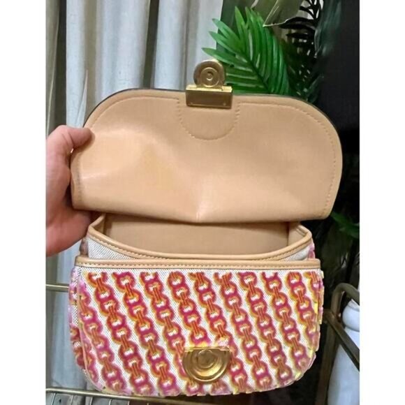 AUTHENTIC TORY BURCH TAN AND PINK AND ORANGE JAMES HANDBAG - Picture 7 of 12